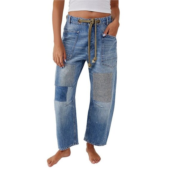 Free People Moxie Low Rise Pull-On Barrel Jeans Color Truest Blue - Picture 4 of 4